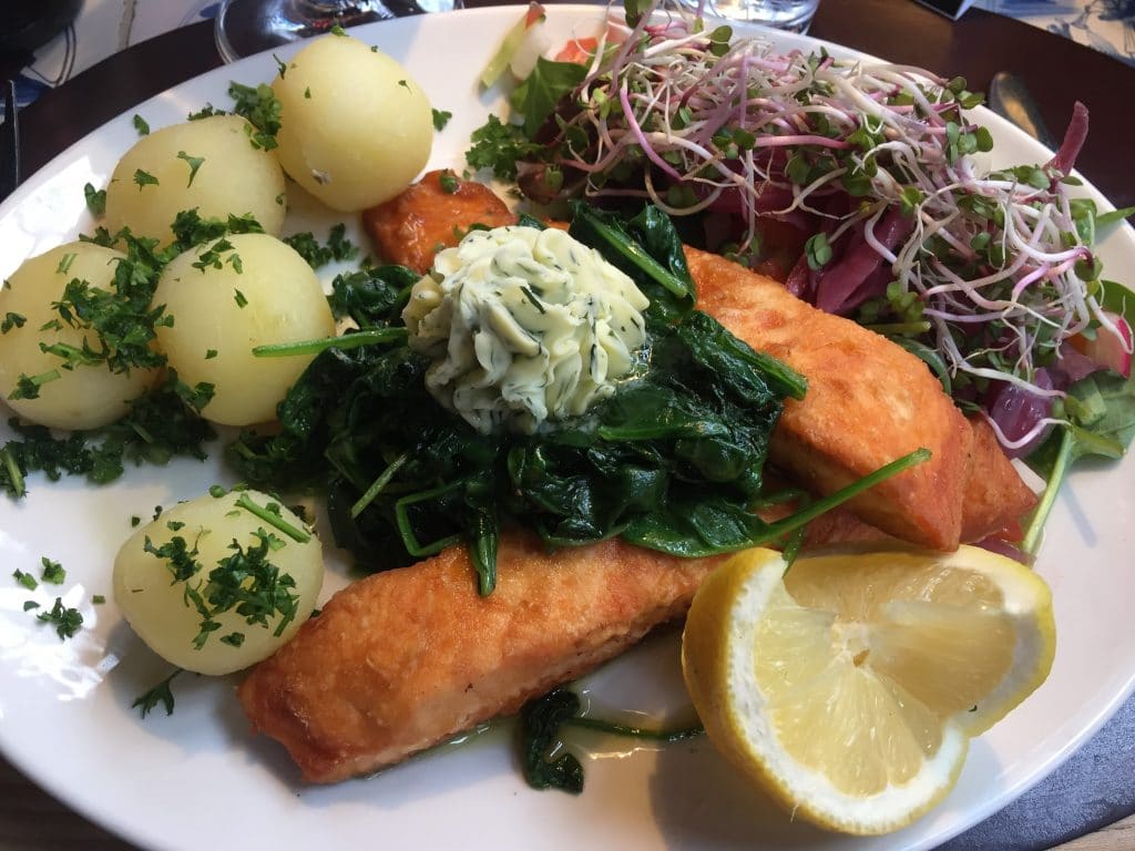 Meuniere fried salmon at the Weiss Stue in Ribe, Denmark
