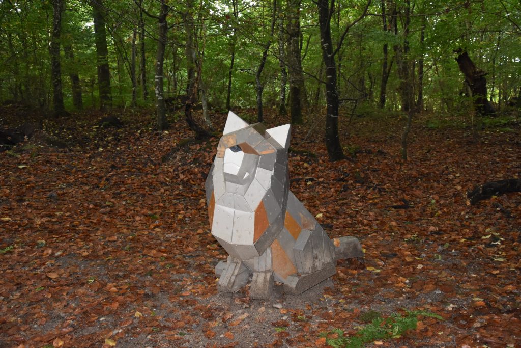 Wooden statue, wolf, forest at Hald Sø Viborg, Denmark, Playground mynewdanishlife