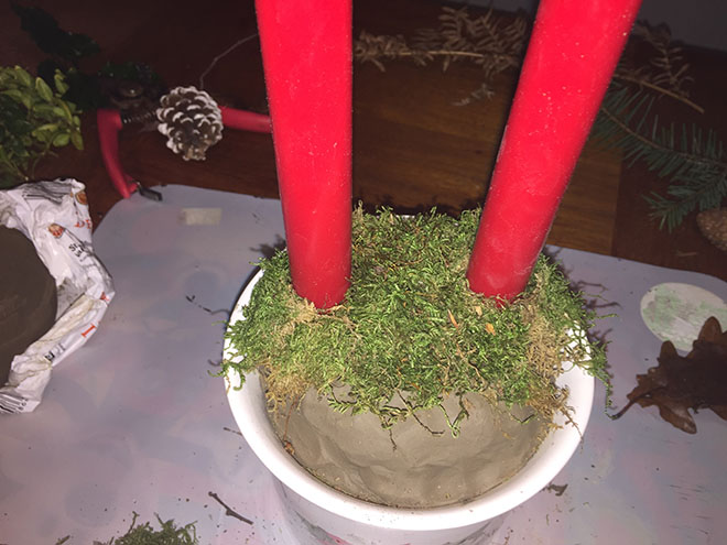 Step Three (add in moss and leaves) for a Christmas Centerpiece, Danish Juledekoration (tutorial)