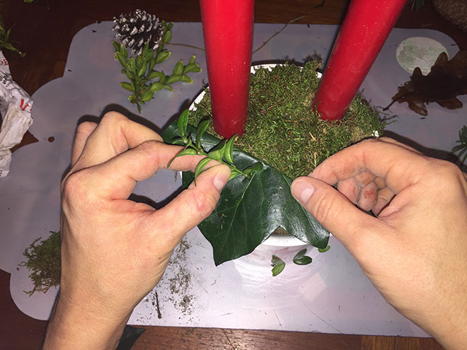 Step Four (add twigs and secure leaves) for a Christmas Centerpiece, Danish Juledekoration (tutorial)