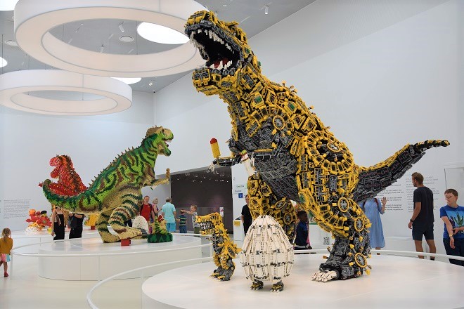 LEGO dinosaurs at the LEGO House in Billund, Denmark with kids