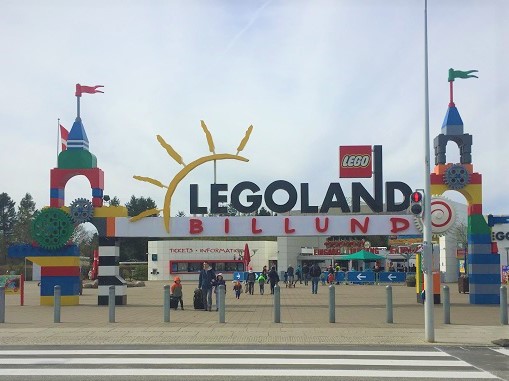 Entrance to Legoland in Billund, Denmark with kids